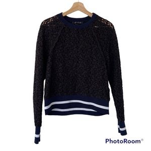 ZARA NAVY BLUE LACE LONG RAGLAN SLEEVED TOP WITH RIBBED NECKLINE AND CUFFS, XS